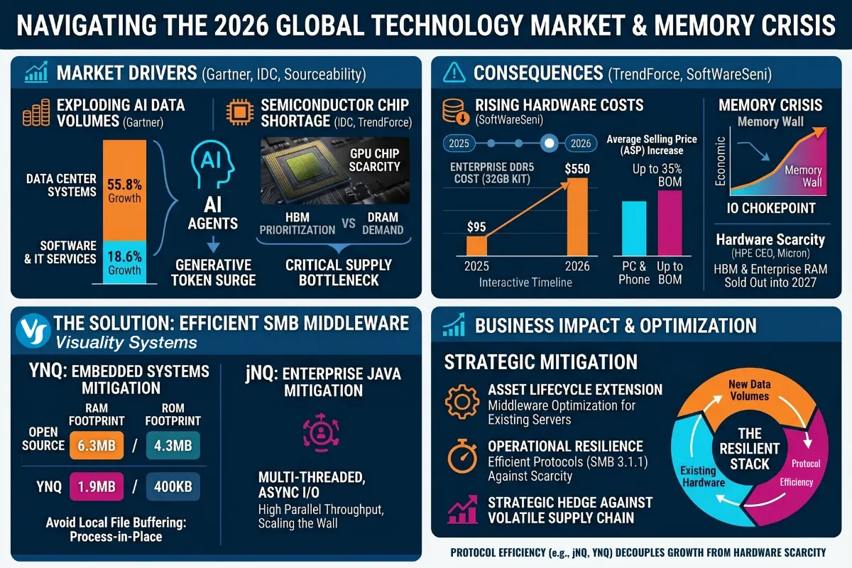 A detailed multi-panel infographic from Visuality Systems, titled 'Navigating the 2026 Global Technology Market & Memory Crisis.' Panel 1, 'Market Drivers,' links 'Agentic AI Swarms' and massive data growth (Gartner statistics) to 'Semiconductor Chip Shortage' (IDC, HPE sources). Panel 2, 'Consequences,' shows an upward graph of 'Enterprise DDR5 Costs' and 'Hardware Scarcity' sold out until 2027. Panel 3, 'The Solution: Efficient SMB Middleware,' details mitigation: 'YNQ for Embedded Systems' contrasts RAM footprint (1.9MB vs. 6.3MB) and 'jNQ for Enterprise Java' highlights technical mechanisms like Multi-Threaded, Async I/O. Panel 4, 'Business Impact,' explains 'Strategic Mitigation' and 'The Resilient Stack' loop to decouple growth from scarcity. Footnote links to sources: Protocol Efficiency (e.g., jNQ, YNQ) Decouples Growth from Hardware Scarcity