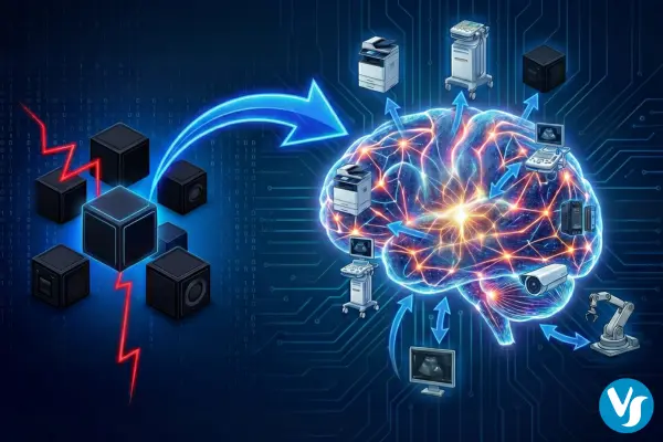 Graphic representation of AIoT evolution from disconnected black box devices to a unified Corporate Brain network.