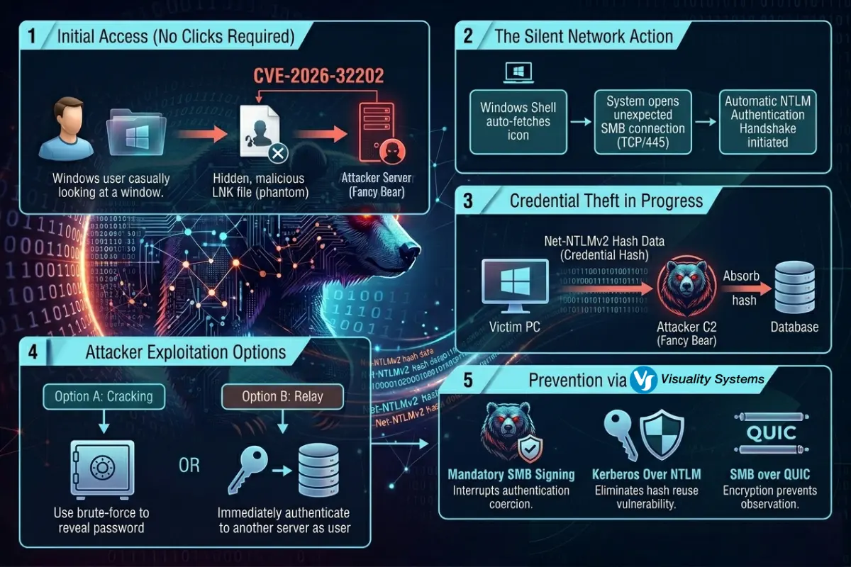 Detailed infographic showing the 5-step flow of a CVE-2026-32202 attack: from a user opening a folder to an automatic SMB NTLM handshake, credential theft by Fancy Bear, and prevention via Visuality Systems' SMB signing and QUIC encryption.