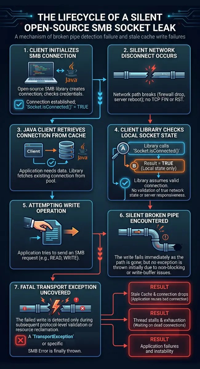 Technical flowchart showing the lifecycle of an open-source connection check, the failure of Java Socket isConnected checks, and the resulting stale cache write failures.