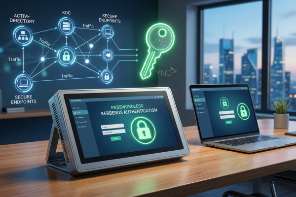 a secure industrial HMI touch-panel device connecting to an Active Directory network. A glowing green security key symbolizes a successful Kerberos-authenticated, credential-less session enabled by YNQ technology.
