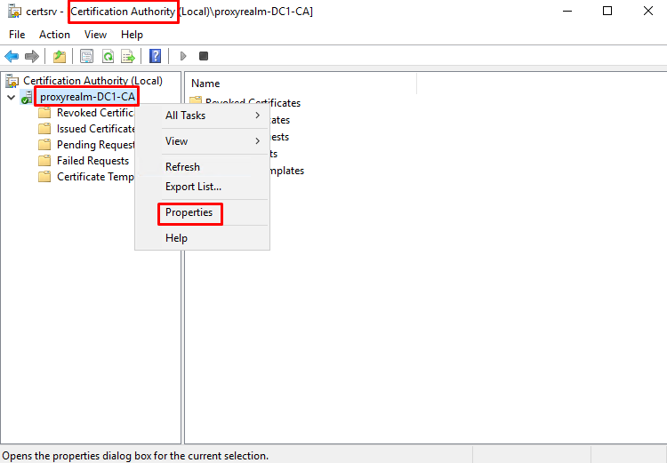 domain controller certification authority properties